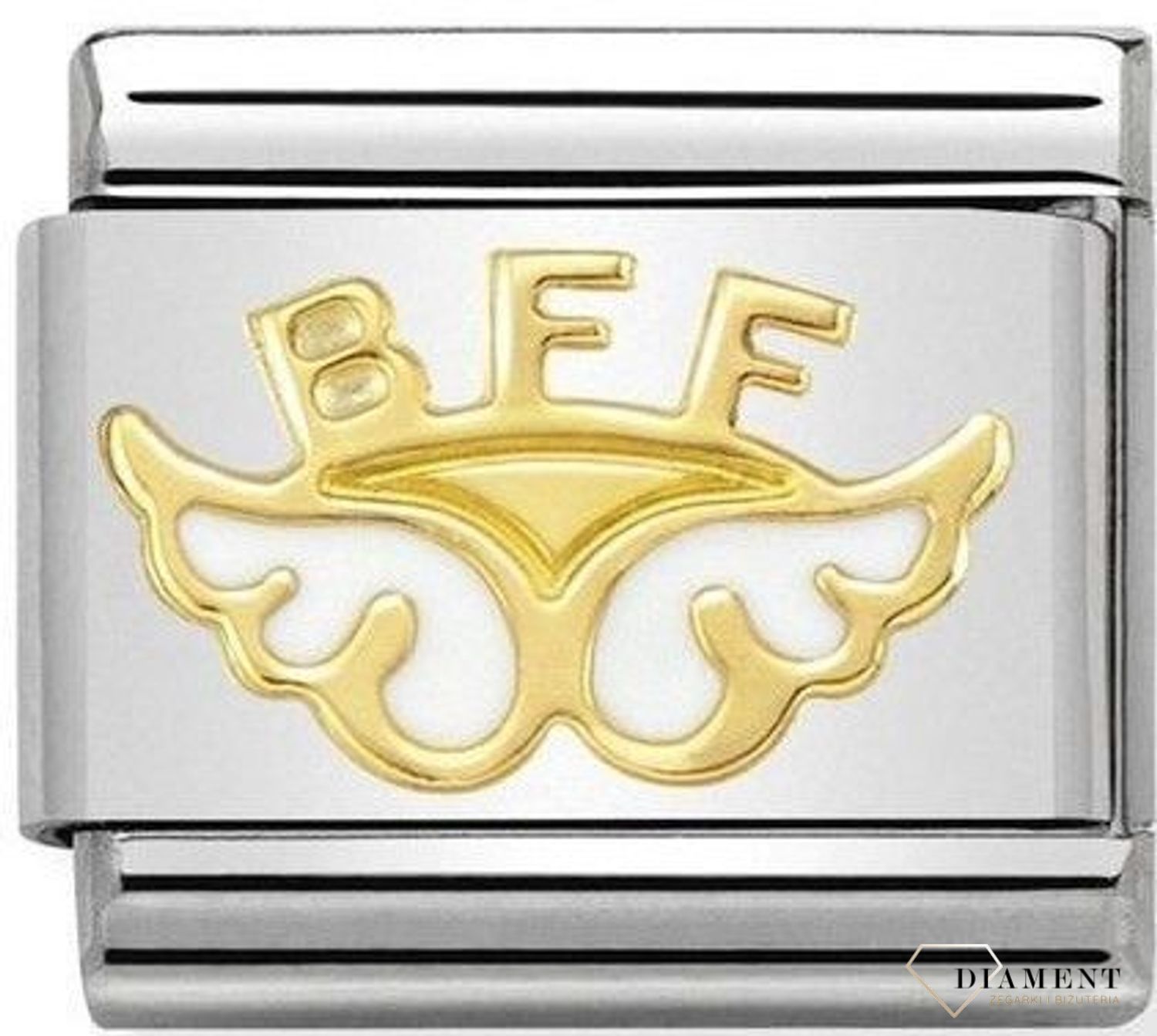 Nomination Link 18K zawieszka złoto 'Białe skrzydełka z napisem BFF' 030272 32. Ponadczasowa biżuteria, pozwalająca każdej kobiecie skomponować bransoletkę wedle własnych upodobań, a następnie modyfikować ją poprzez.jpg